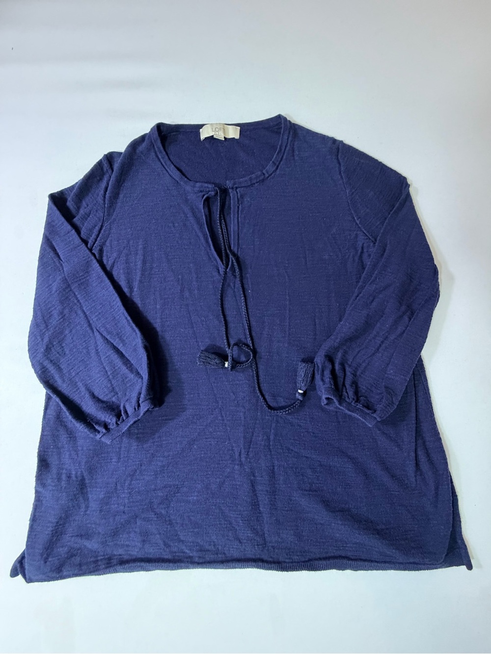 Loft Blue Top Women’s Large Boho Peasant Blouse Tassel Gauze Cotton Size Large